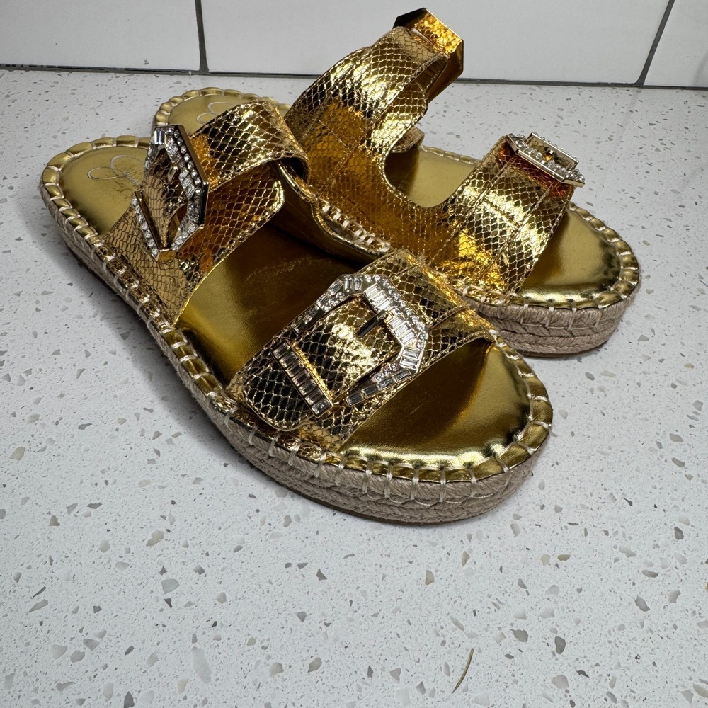 Jessica‎ Simpson Chandria Gold Metallic Snake Rhinestone Espadrille Sandals 10